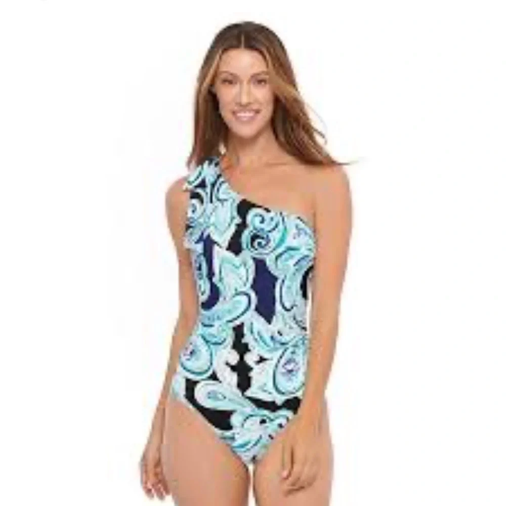 Swim Solution One Shoulder Navy Paisley One Piece Swimsuit Tummy Enhancer - Picture 4 of 15